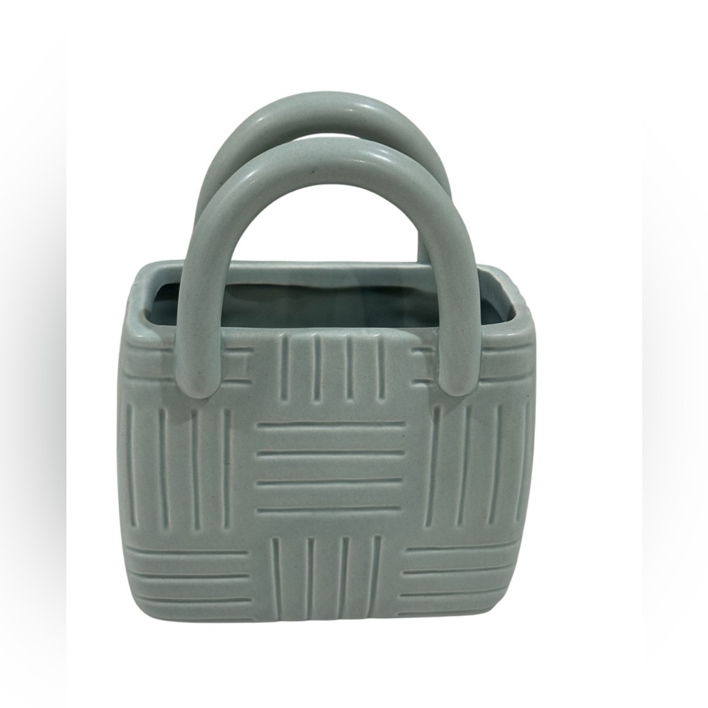 Winter White Aqua Ceramic Striped Etched Handbag Decor Accent ~ EUC